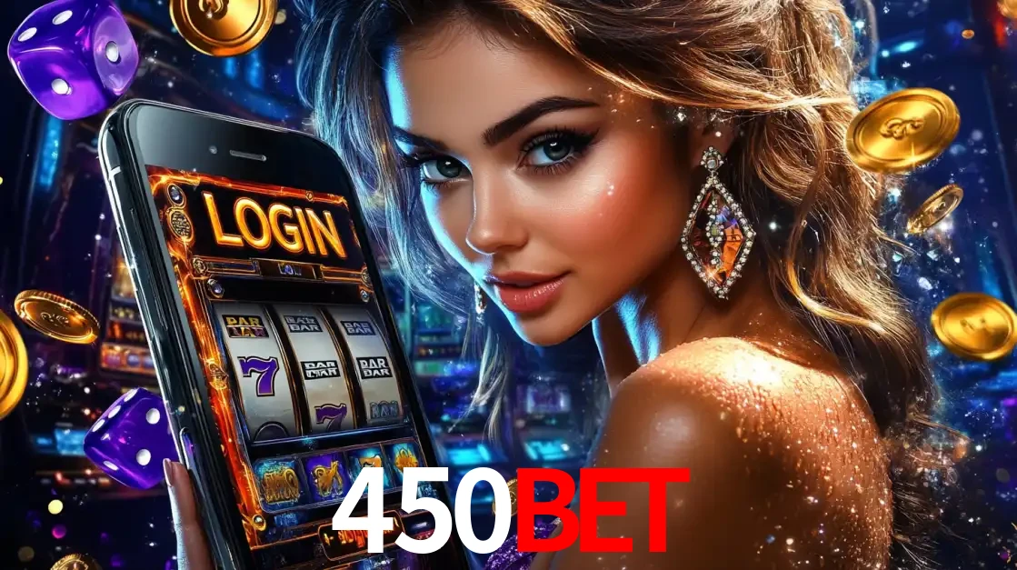 Mulher glamorosa segurando um smartphone com a tela de login para os jogos de caça-níqueis do cassino online 450BET, com moedas de ouro e dados ao redor.
