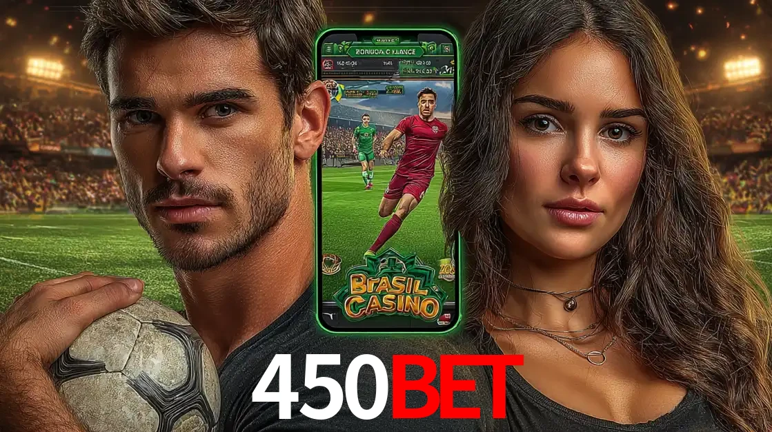 Homem segurando uma bola de futebol e uma mulher ao lado de um smartphone exibindo o jogo de apostas esportivas da 450BET. Faça seu palpite no cassino online.